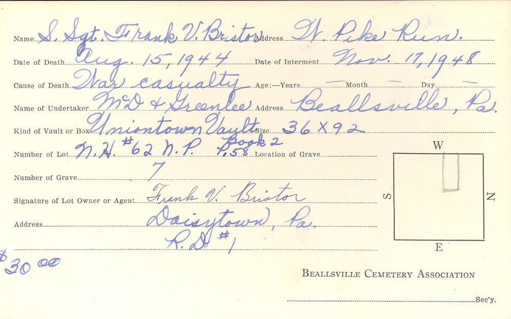 Frank V. Bristor Jr burial card